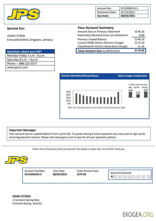 Jamaica Public Service (JPS) electricity utility bill template in Word and PDF format
